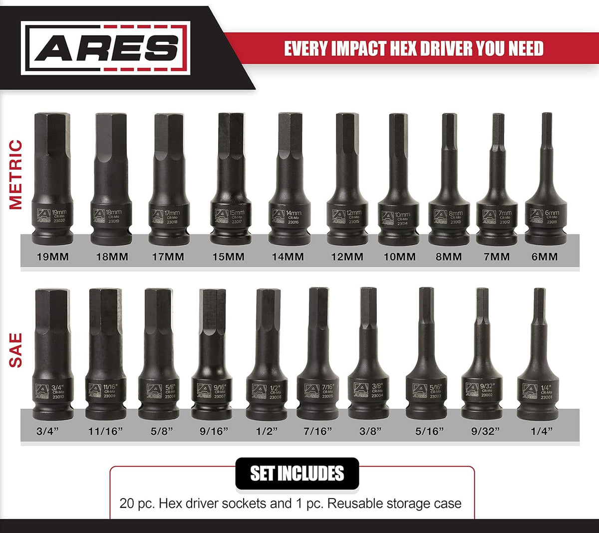 20-Piece 1/2-Inch Drive Impact Hex Driver Set Chrome Moly Steel W1023