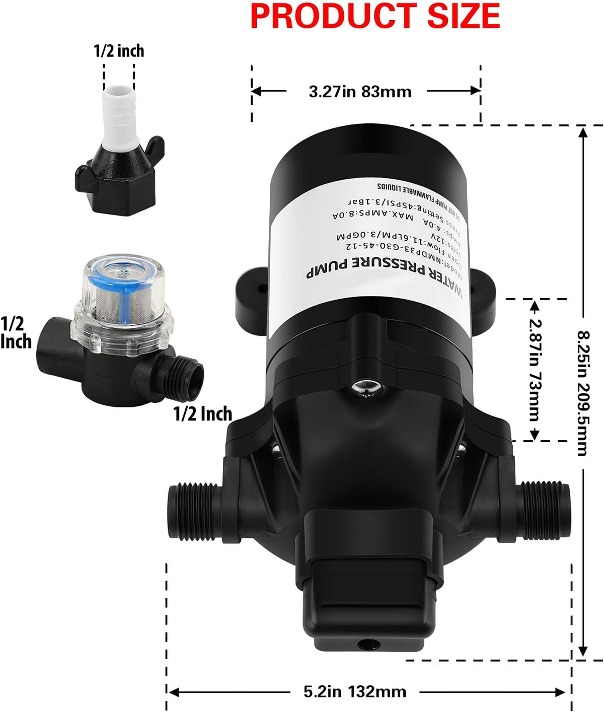 12v 3.0 GPM 45 PSI Water Diaphragm Pump with Water Filter E7229