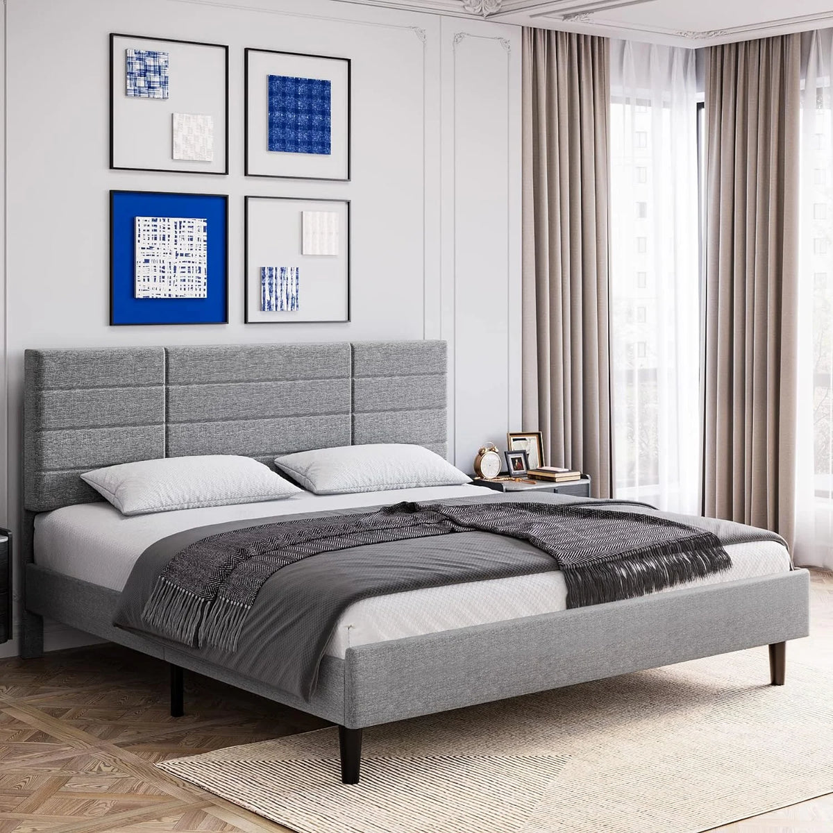 Queen Size Light Grey Upholstered Platform Bed Frame W5693