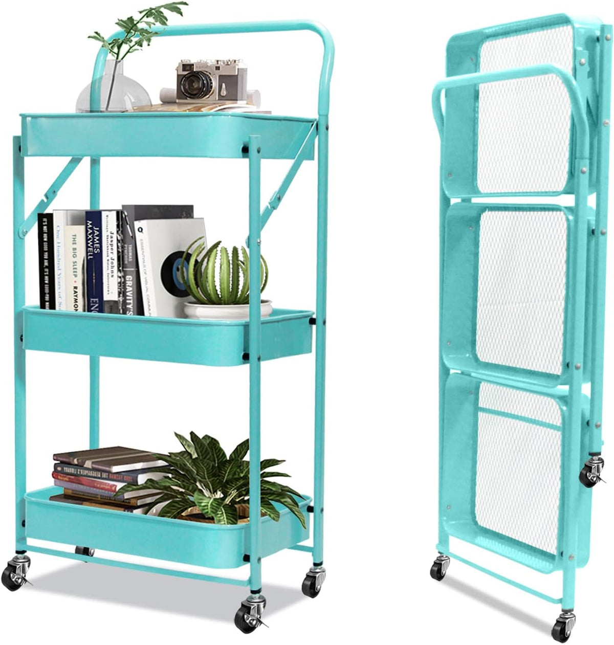 3-Tier Collapsible Rolling Utility Cart with Lockable Casters J523856
