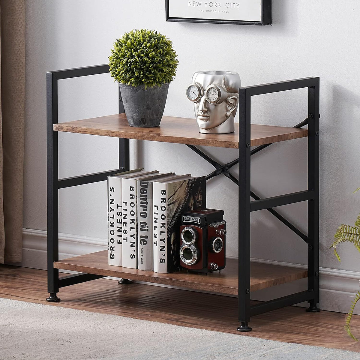 2 Tier Rustic Brown Bookshelf with Metal Frame Q825