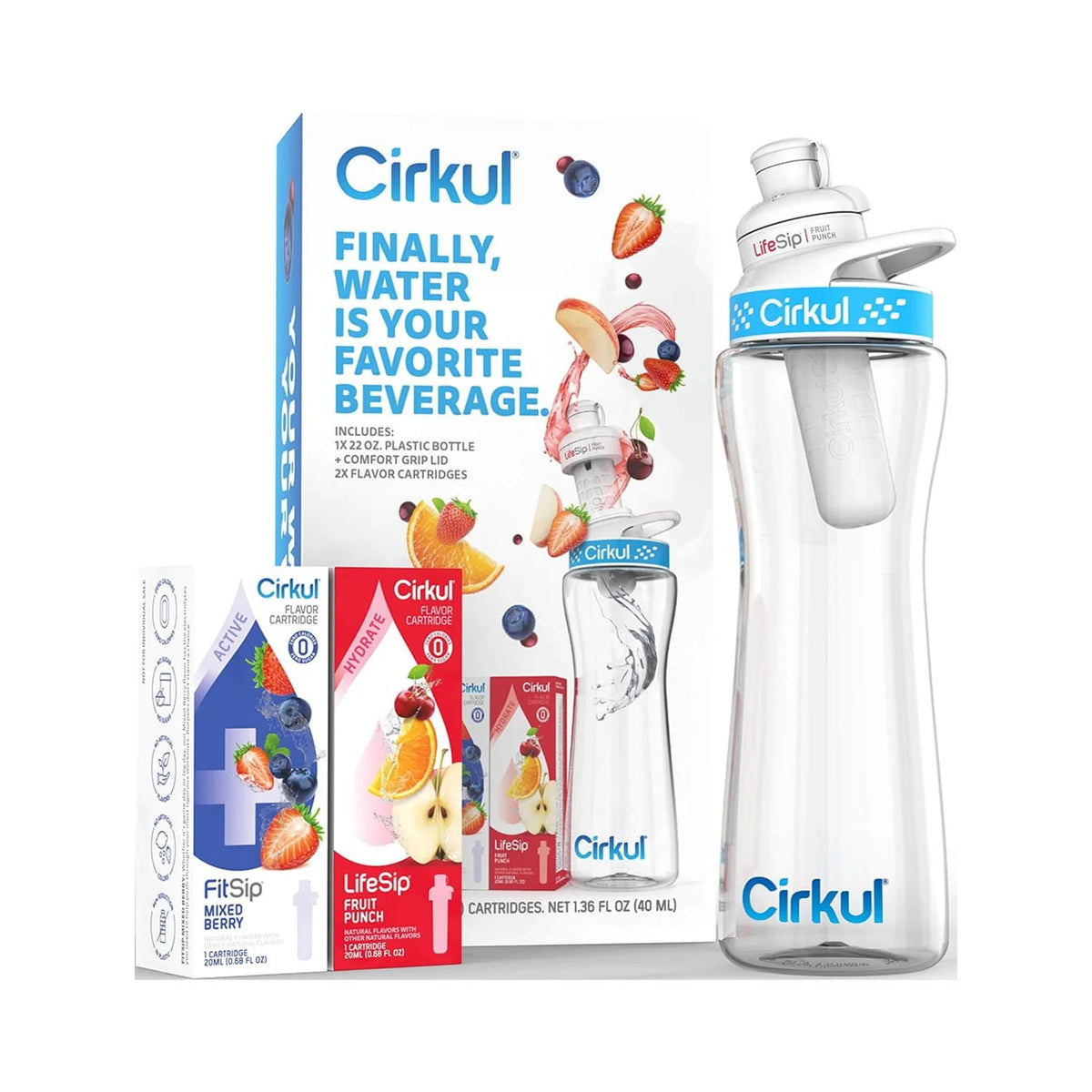 22oz Plastic Water Bottle Starter Kit with Blue Lid and 2 Flavor Cartridges M8319