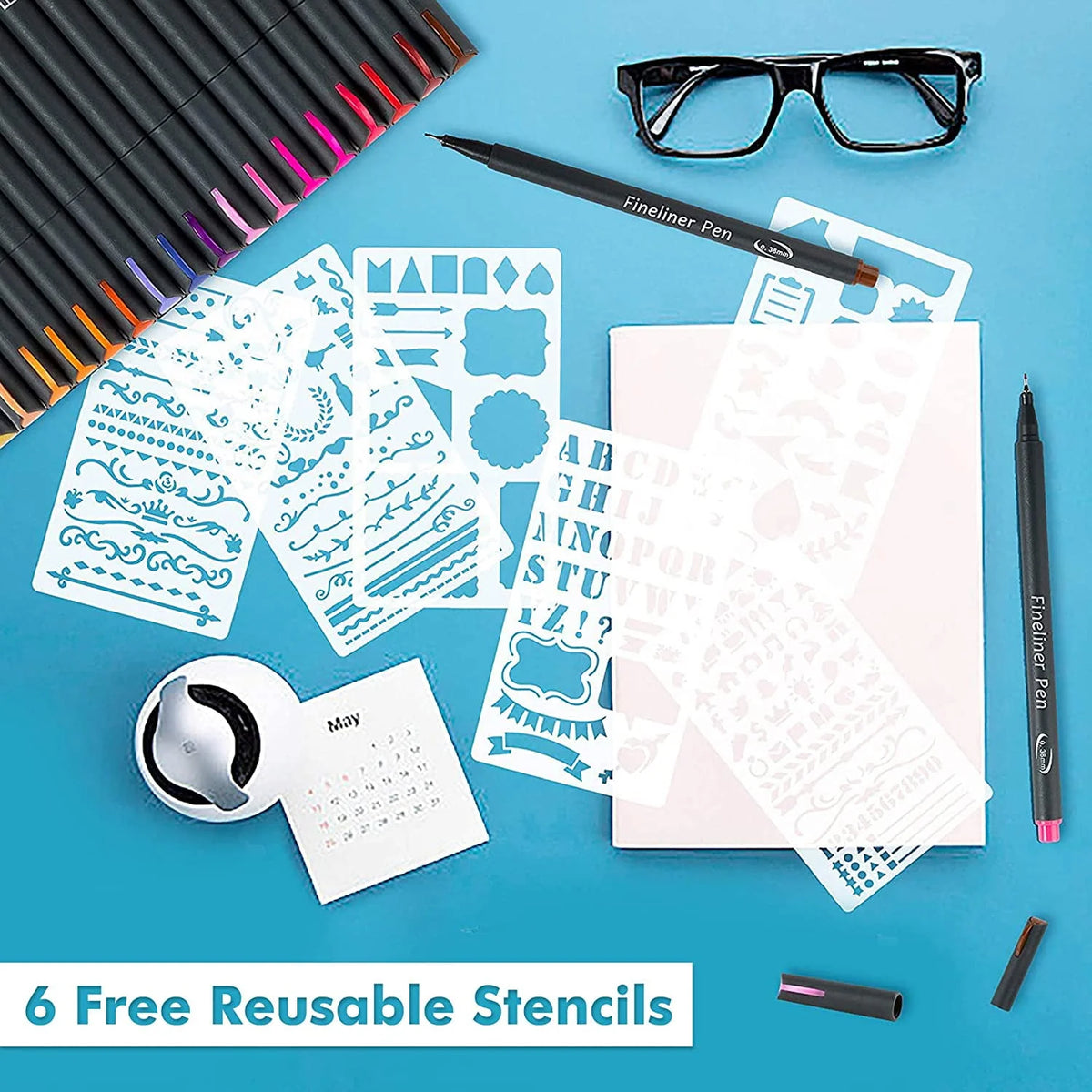 46 Pack Colored Fineliner Pens with 6 Stencils J78460