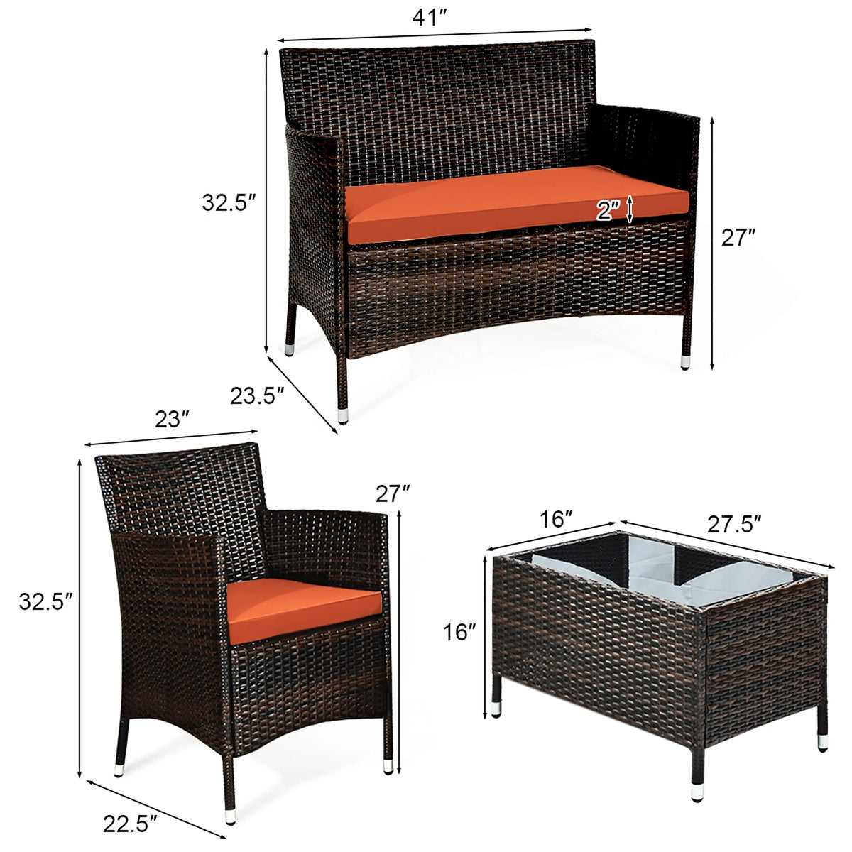 4 Pc Patio Rattan Conversation Furniture Set with Orange Cushion C949858