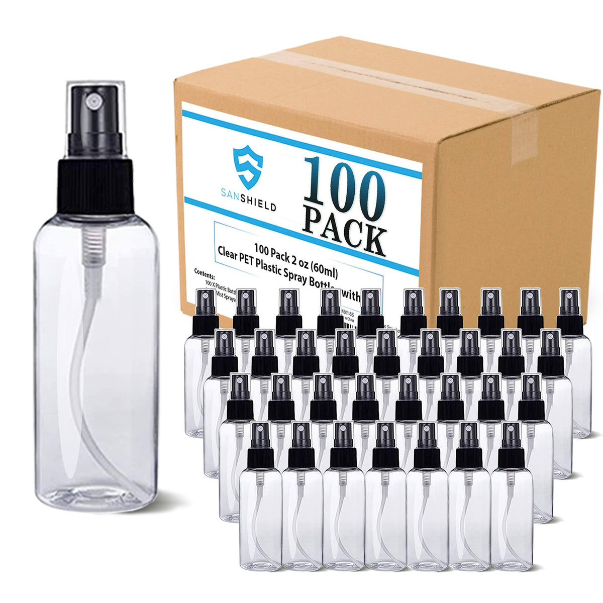 100 Pack 2 oz Clear Pet Plastic Spray Bottles with Cap U28988