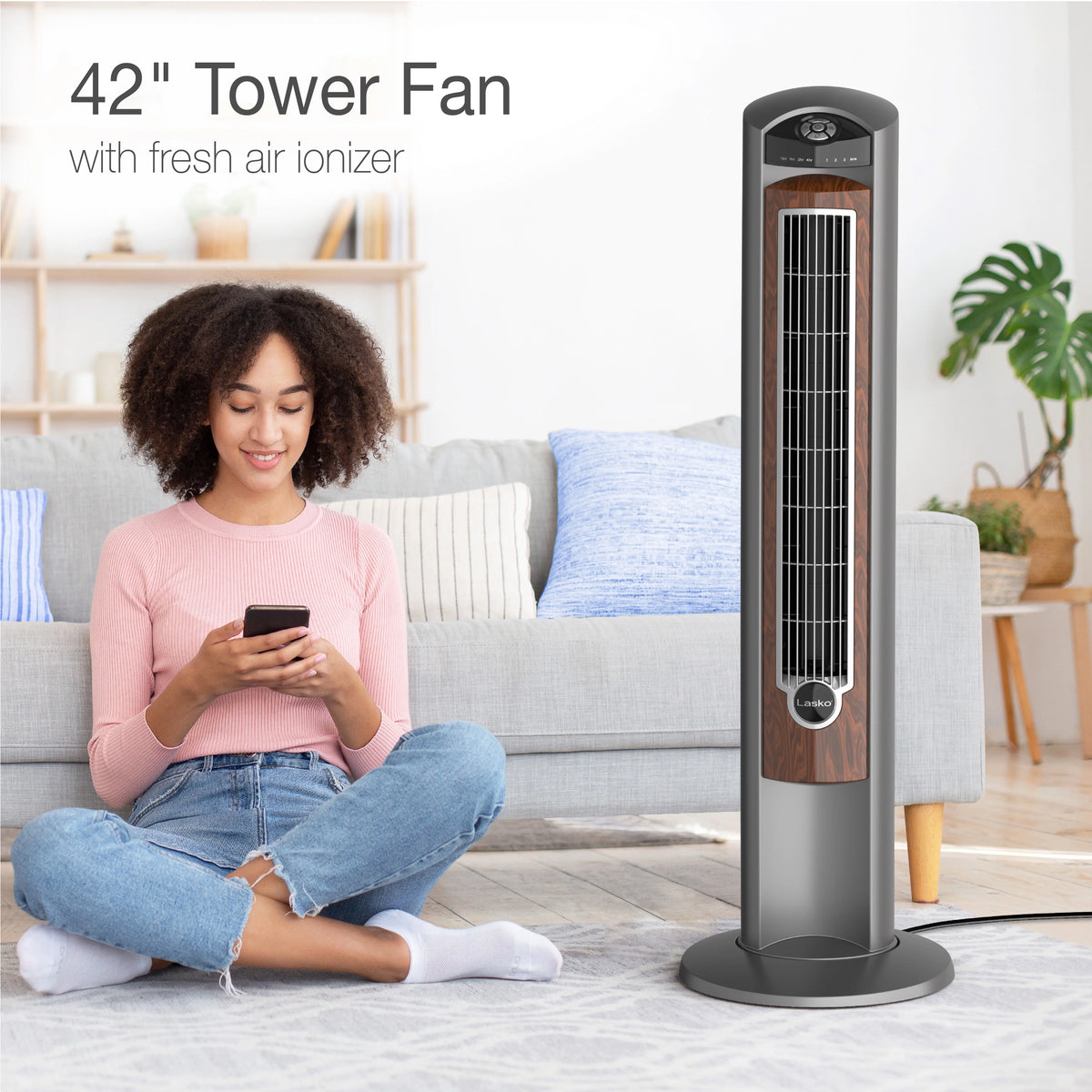 42 Wind Curve Tower Fan with Ionizer, Timer and Remote, Gray Woodgrain F32360