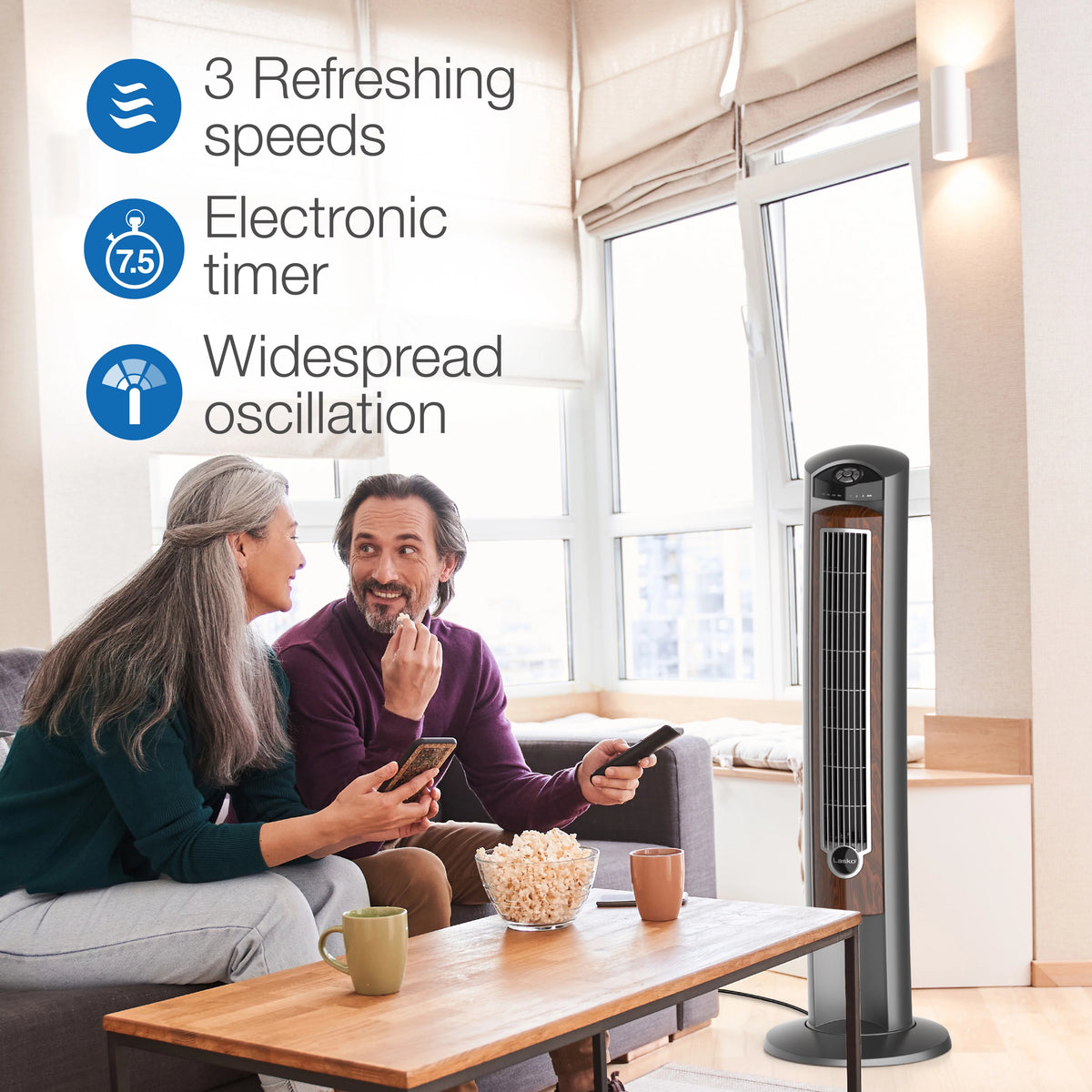 42 Wind Curve Tower Fan with Ionizer, Timer and Remote, Gray Woodgrain F32360