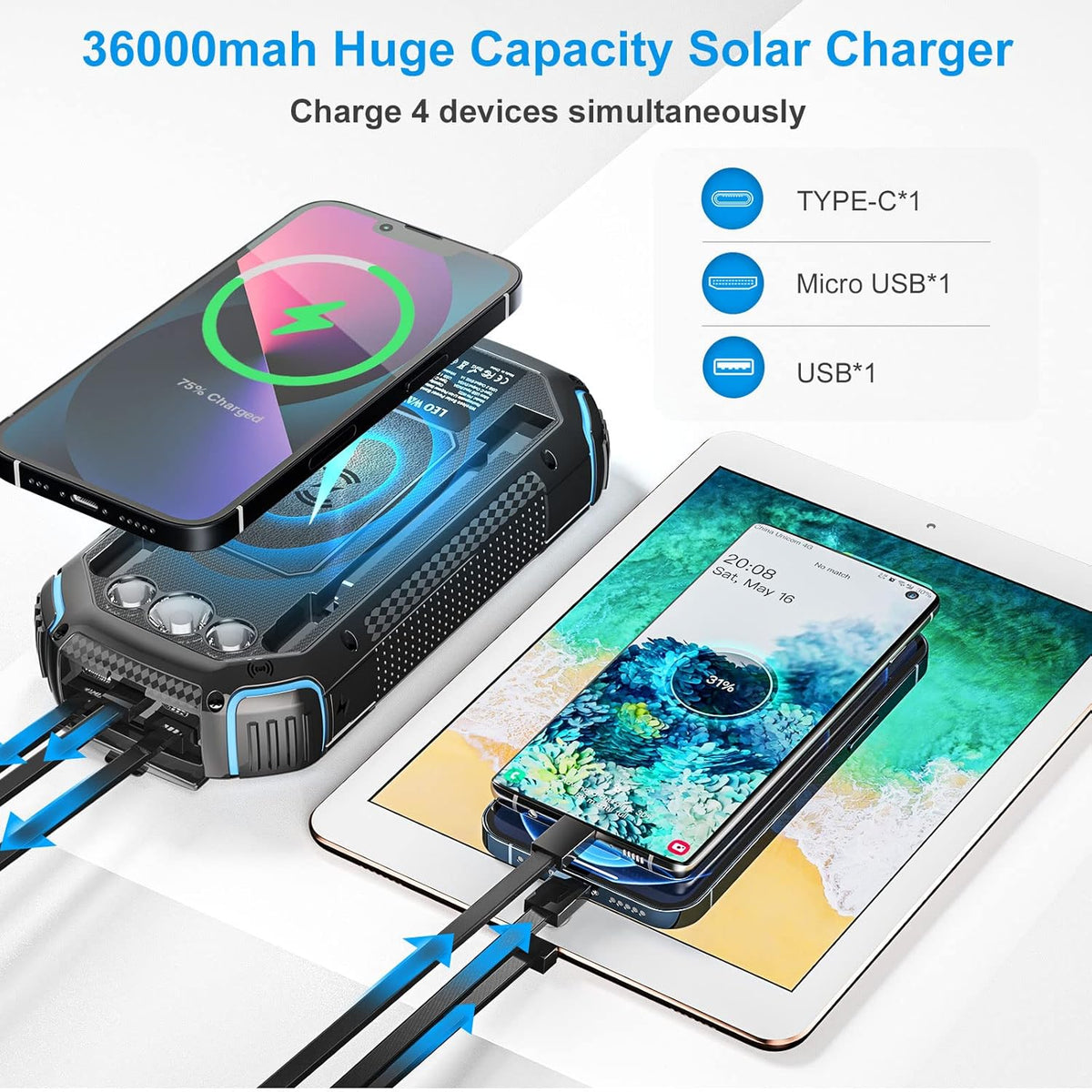 36000mAh Qi Wireless Solar Power Bank W850801