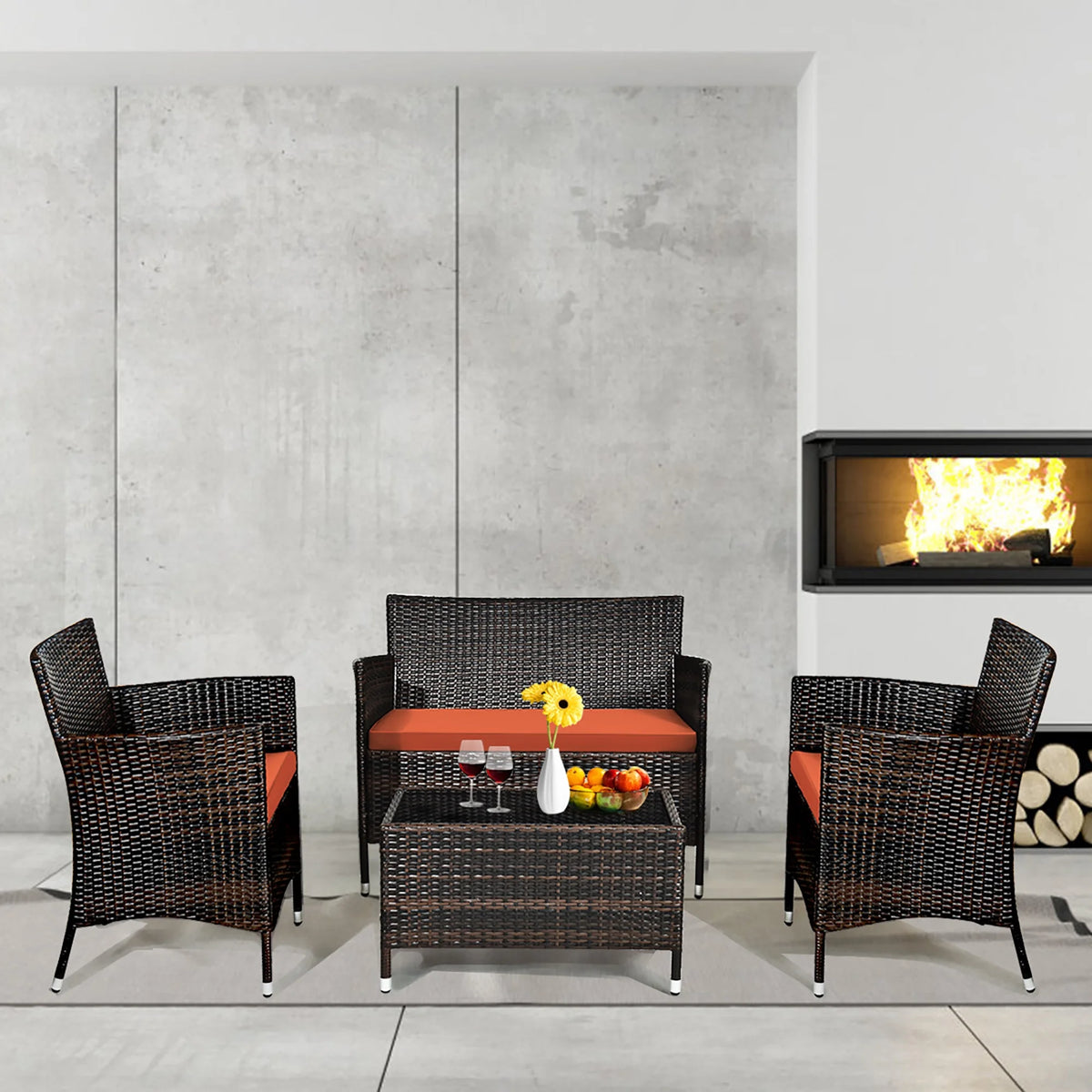 4 Pc Patio Rattan Conversation Furniture Set with Orange Cushion C949858