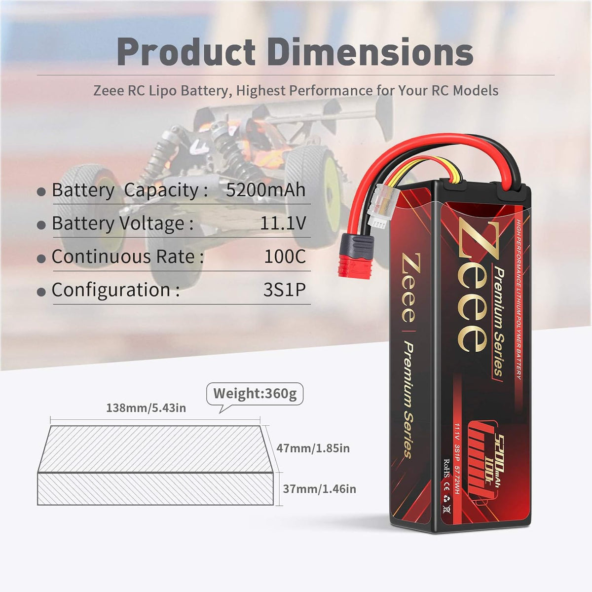 3S Lipo Battery 11.1V 100C 5200mAh Hard Case with Deans T Connector 2 Pack C118349