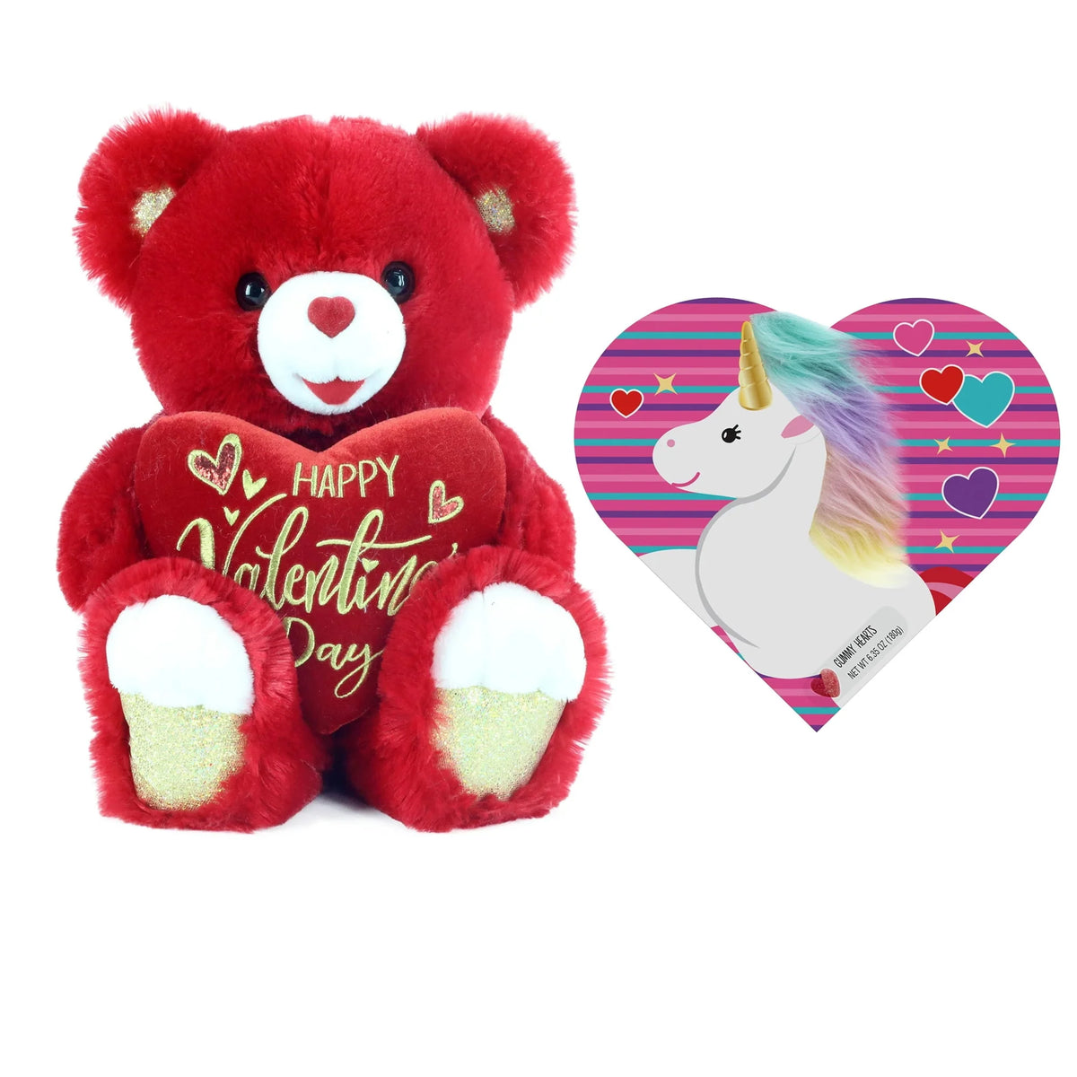 Red Teddy Bear with Unicorn Heart Box with Gummies, 6.35 Oz Y6659