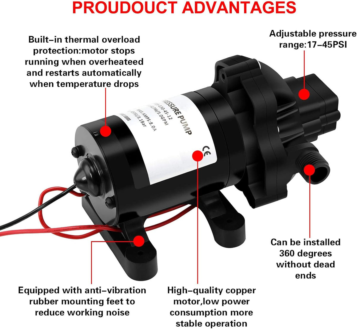 12v 3.0 GPM 45 PSI Water Diaphragm Pump with Water Filter E7229