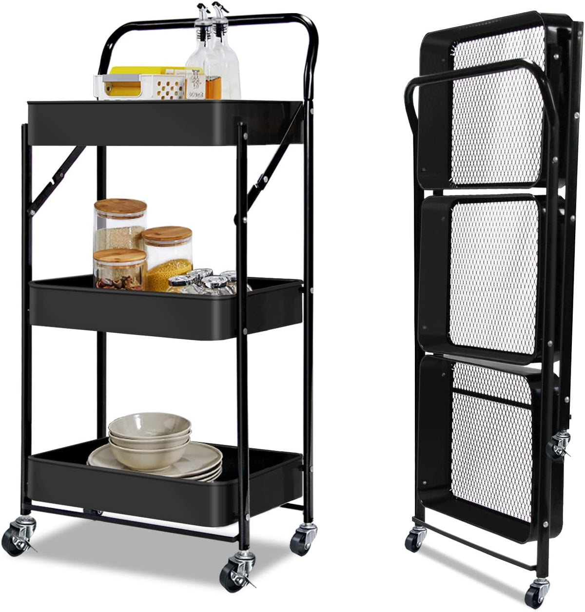 3-Tier Collapsible Rolling Utility Cart with Lockable Casters J523856