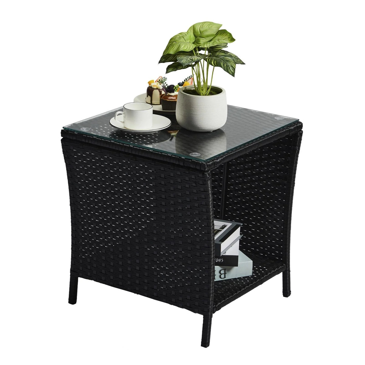 Black Wicker Side Table with Storage Shelf U88737