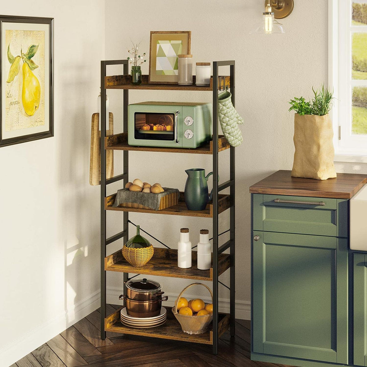 5 Tier Wood Bookshelf with 4 Hooks W739