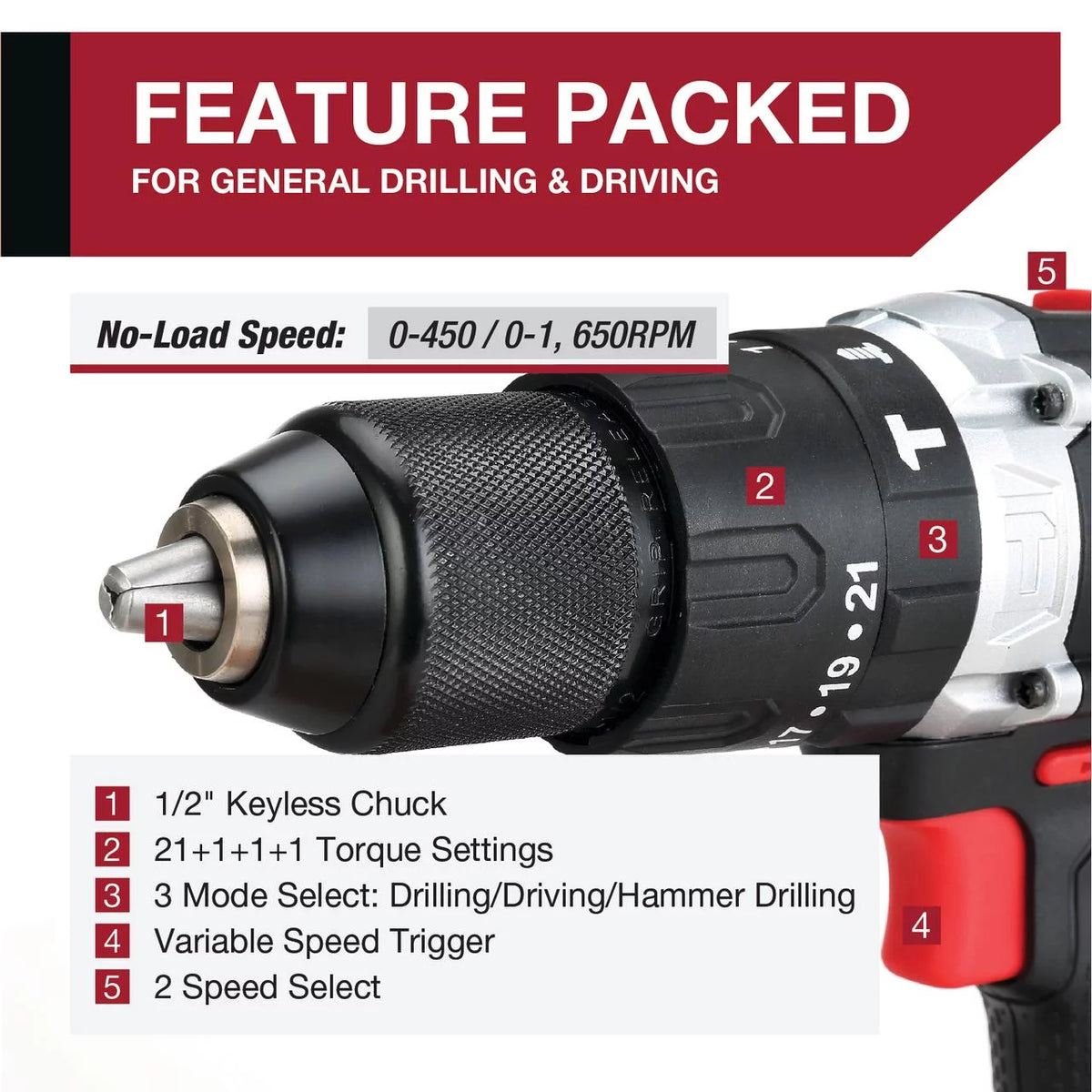 20V Max Cordless Hammer Drill 1/2 inch Chuck 2 Speeds with Battery & Charger F859213