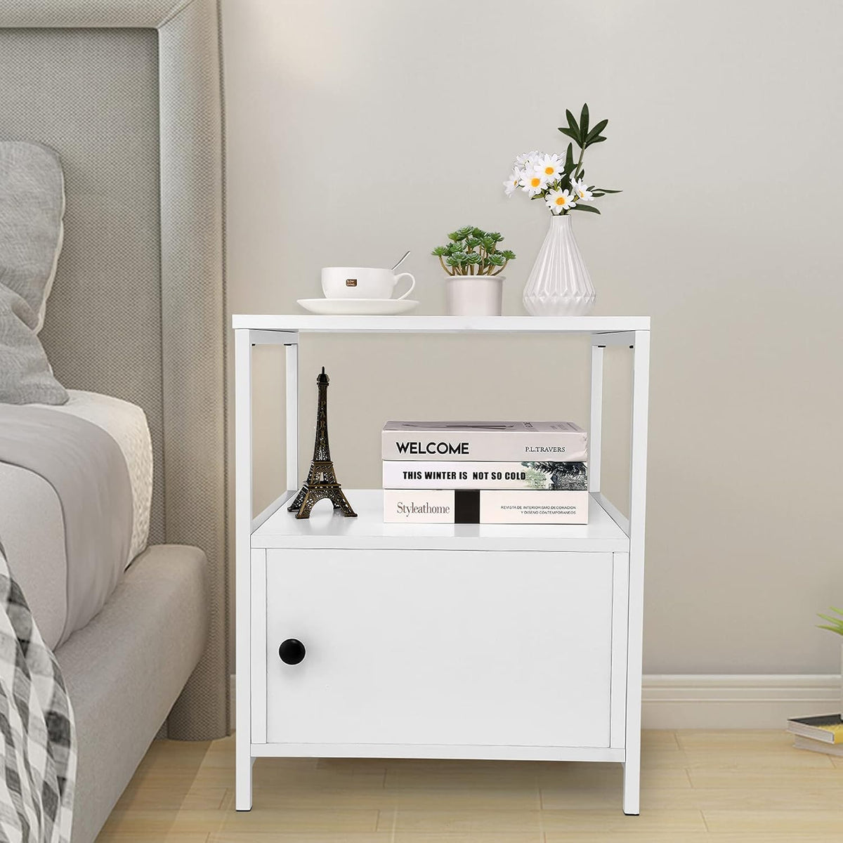 Industrial Bedside Table with Storage Cabinet and Open Shelves G2991