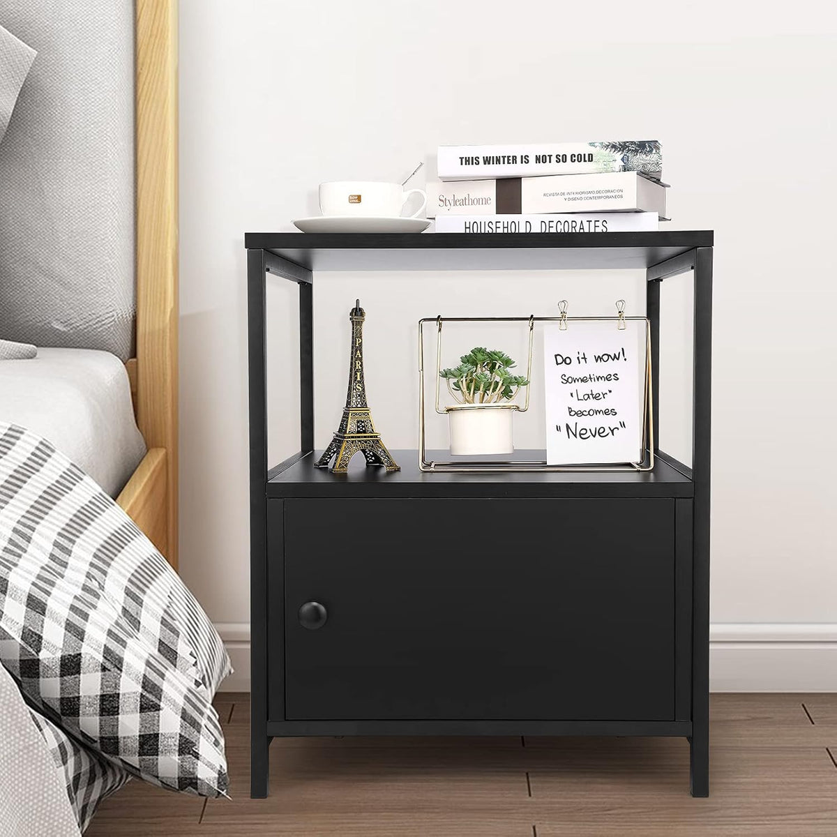Industrial Bedside Table with Storage Cabinet and Open Shelves G2991
