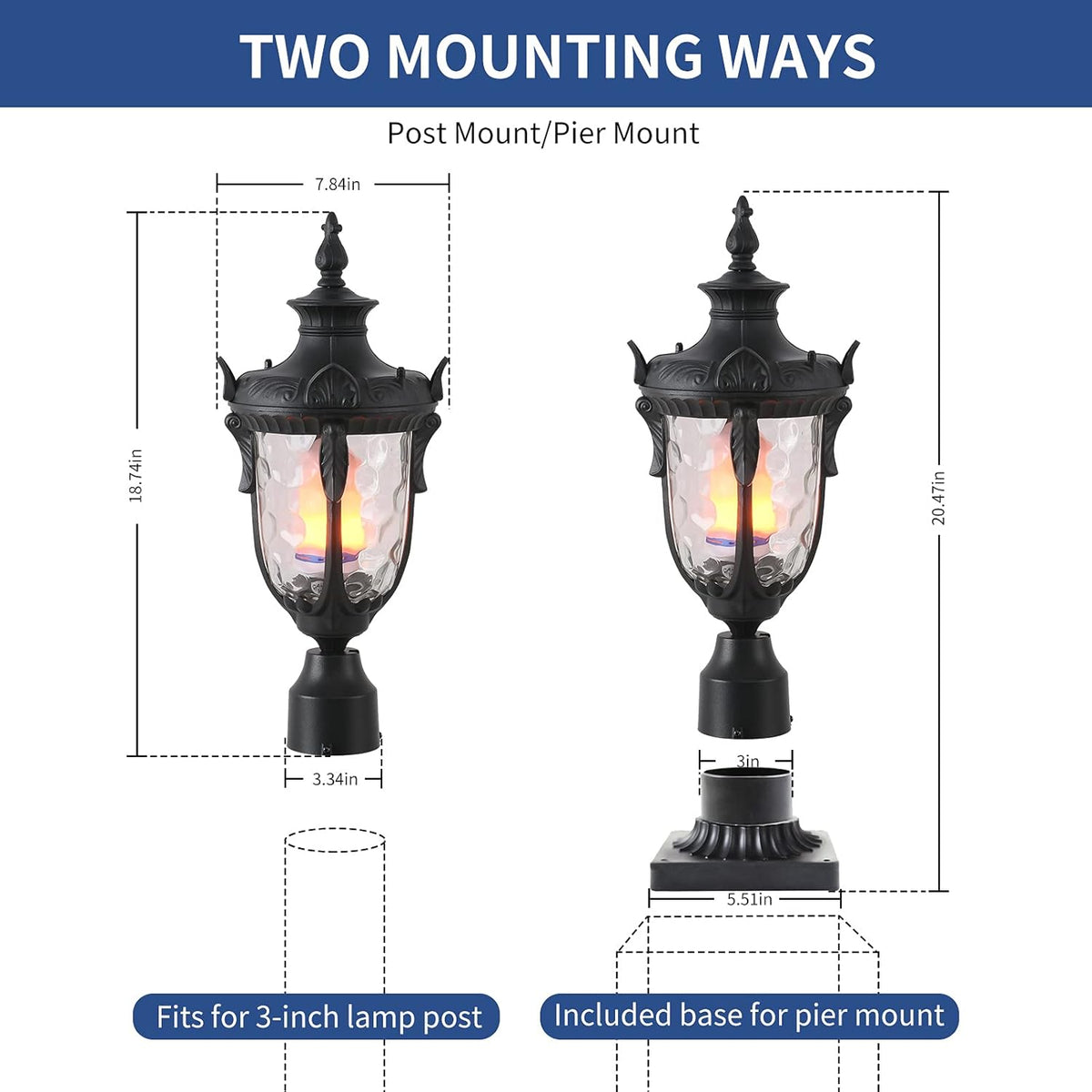 20.47H Cast Aluminum Outdoor Lamp Post Light Fixture with Pier Mount Adapter X27743