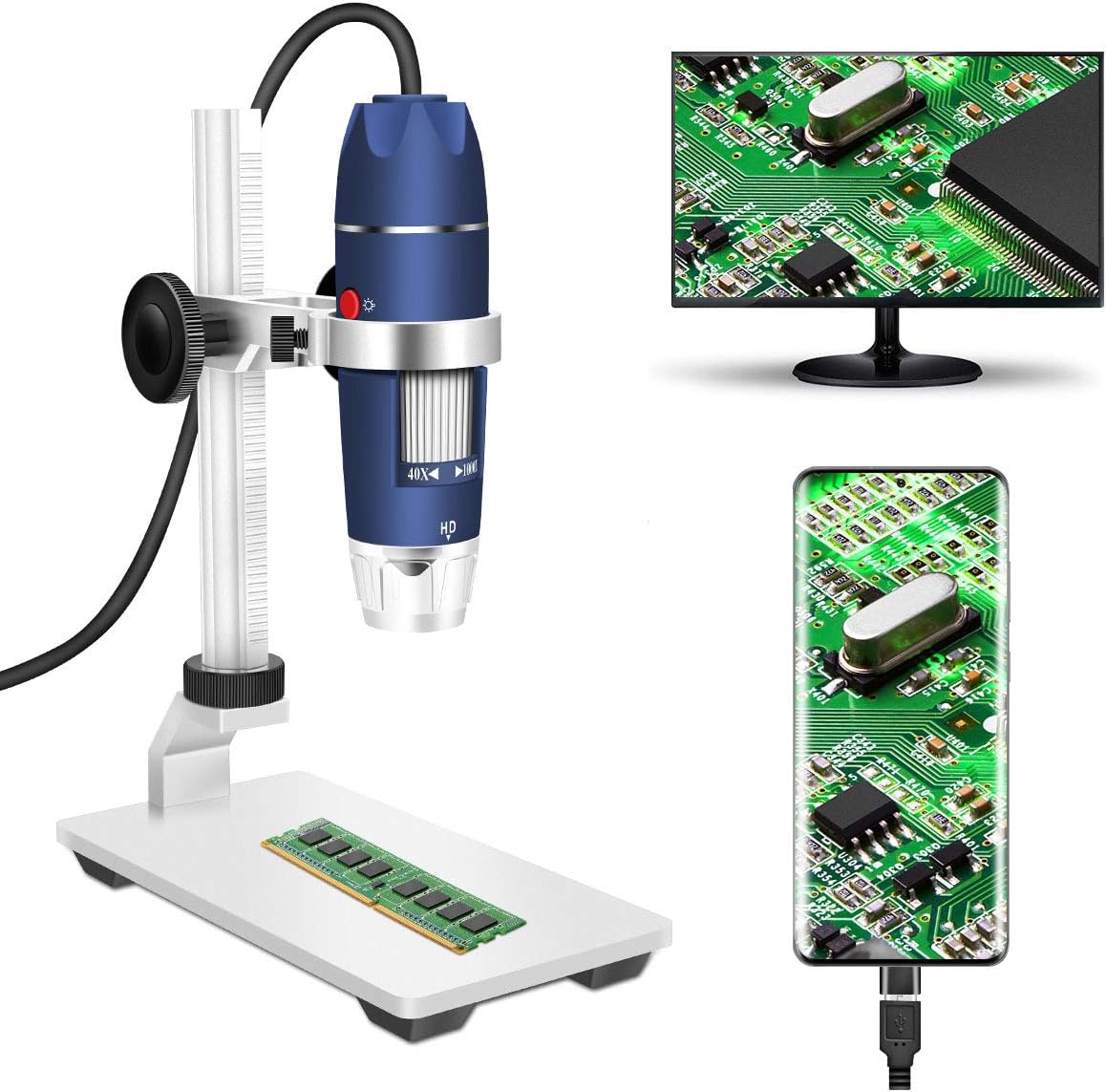 2MP USB Digital Microscope 40-1000X with 8 LEDs Aluminum Alloy Stand J849450