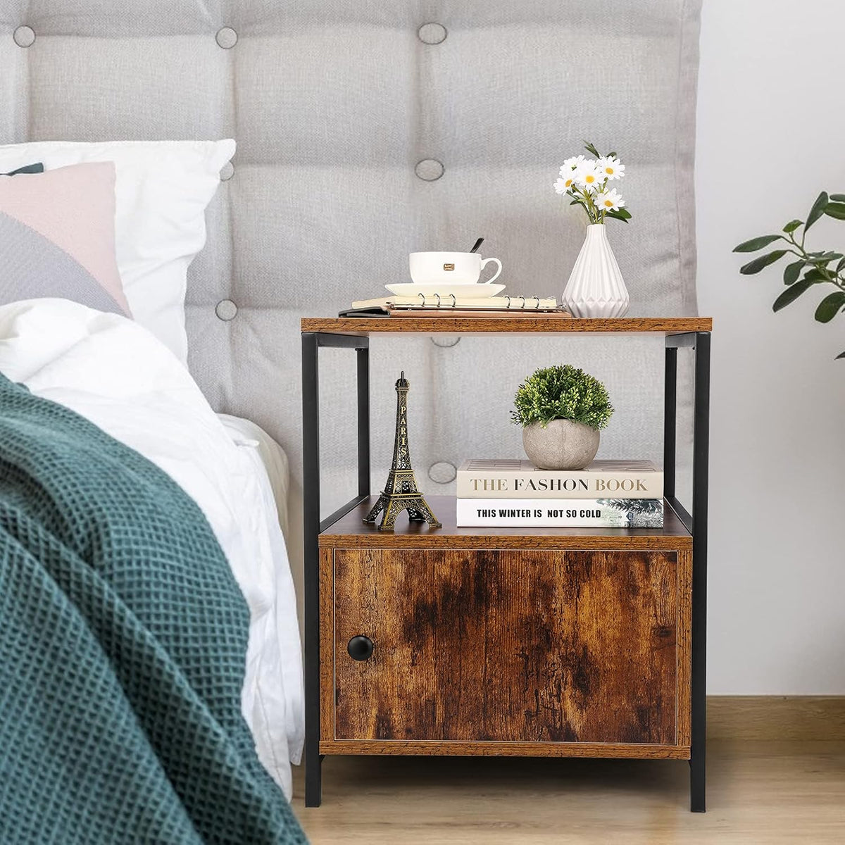 Industrial Bedside Table with Storage Cabinet and Open Shelves G2991