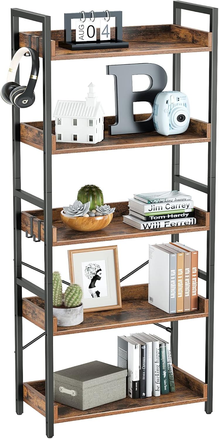 5 Tier Wood Bookshelf with 4 Hooks W739
