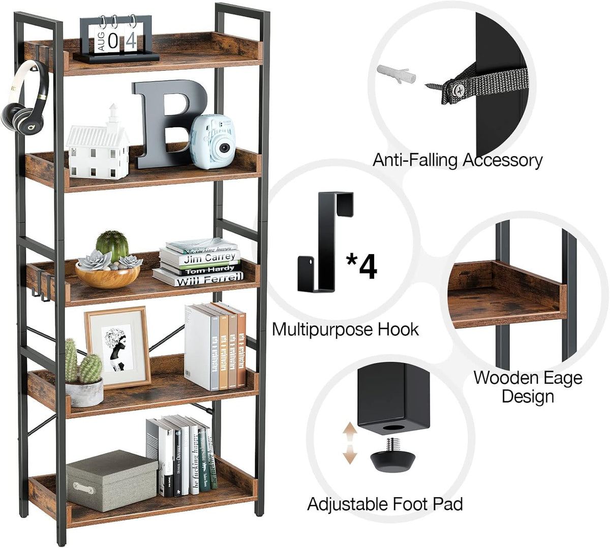 5 Tier Wood Bookshelf with 4 Hooks W739