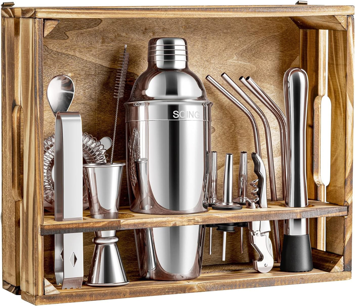 16-Piece Bartender Kit with Wooden Stand and Velvet Carry Bag B83579