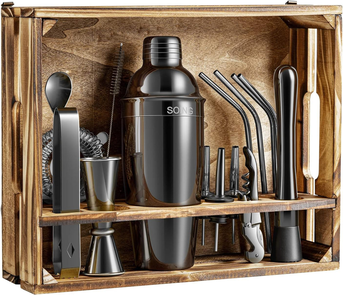 16-Piece Bartender Kit with Wooden Stand and Velvet Carry Bag B83579
