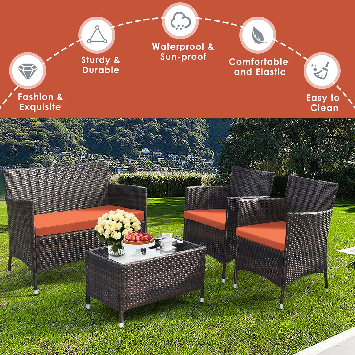 4 Pc Patio Rattan Conversation Furniture Set with Orange Cushion C949858