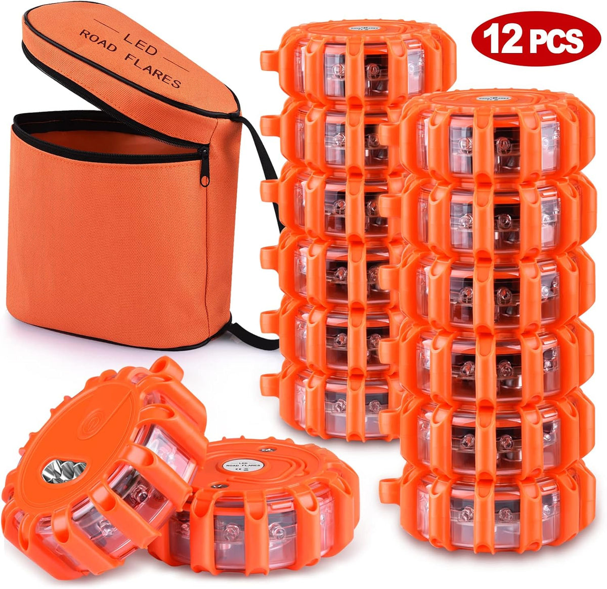 12 Pack LED Road Flares Emergency Lights Magnetic Base R516