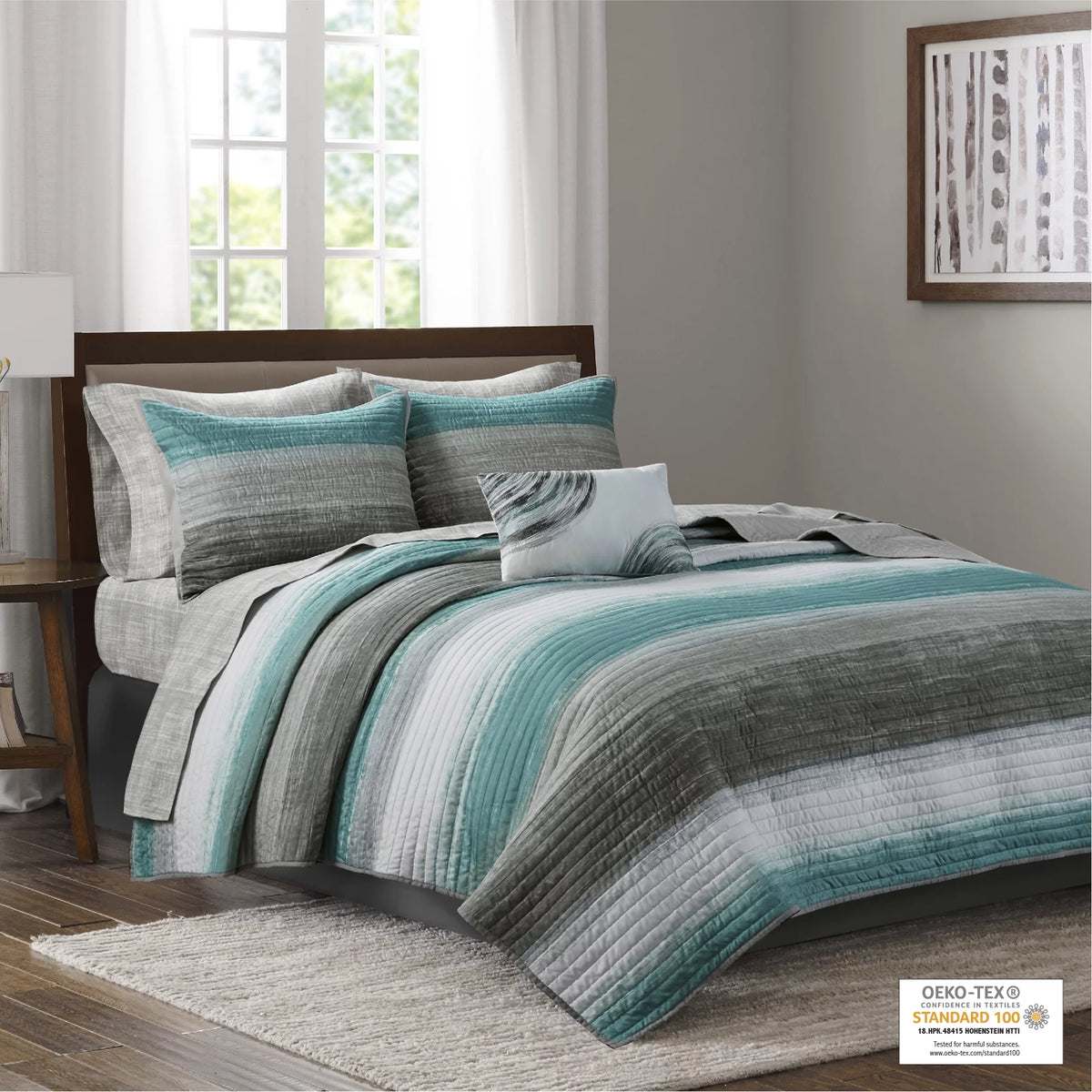 Blue Cal King Reversible Coverlet and Cotton Sheet Set X84961