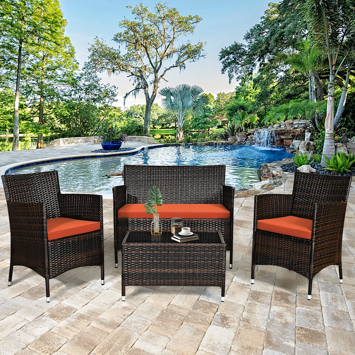 4 Pc Patio Rattan Conversation Furniture Set with Orange Cushion C949858