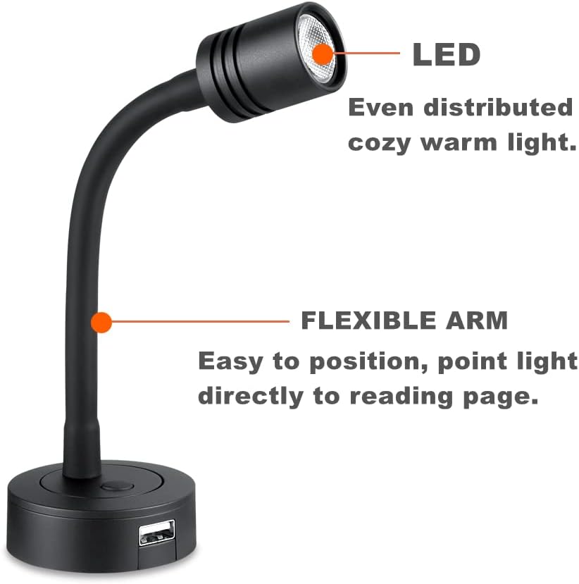 12V Dimmable Gooseneck LED Reading Light with USB Charger, Black, 2 Pack J1959