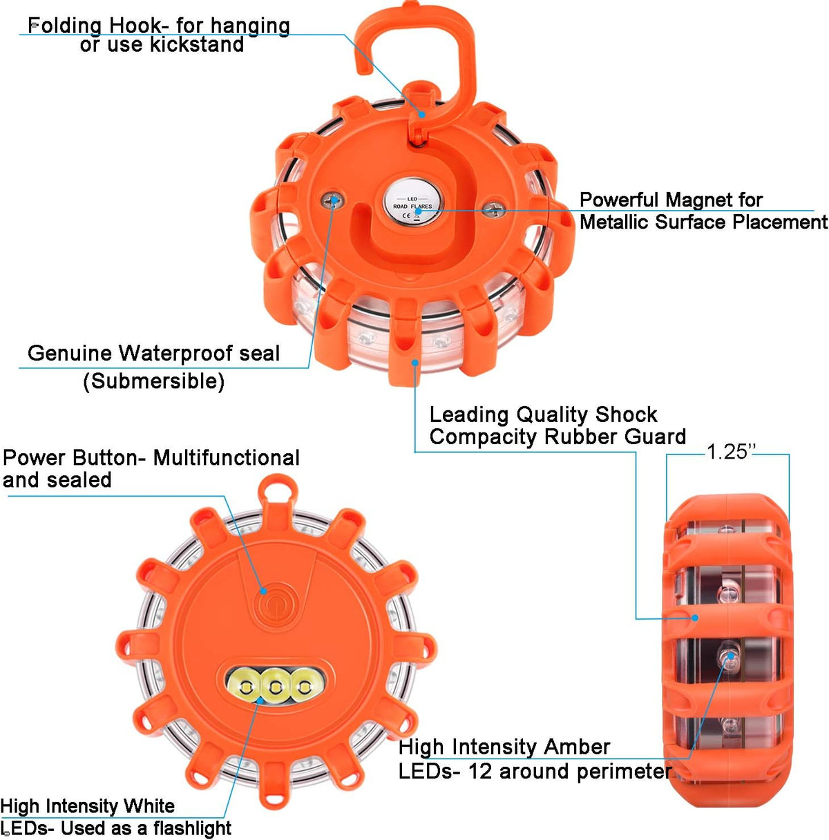 12 Pack LED Road Flares Emergency Lights Magnetic Base R516