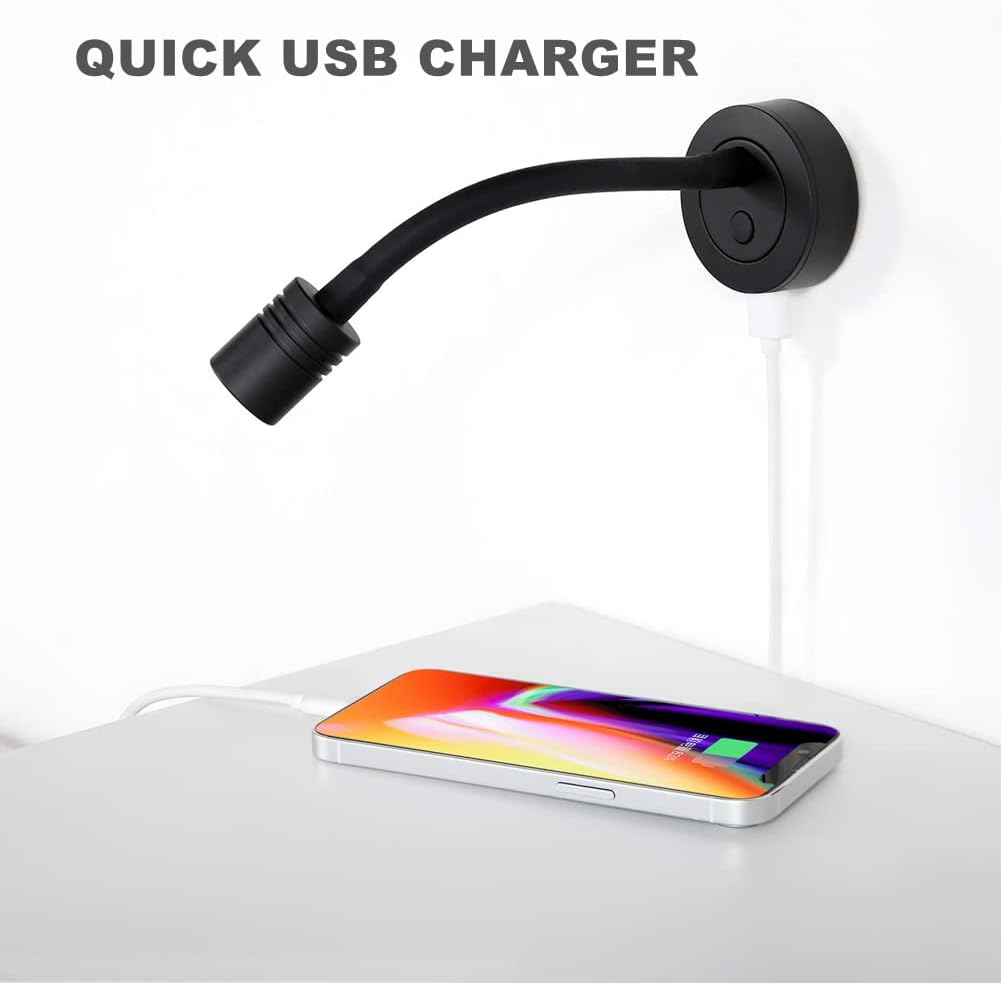 12V Dimmable Gooseneck LED Reading Light with USB Charger, Black, 2 Pack J1959