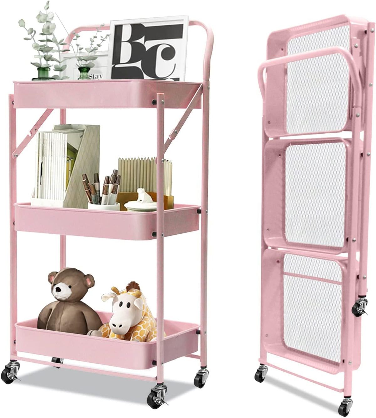 3-Tier Collapsible Rolling Utility Cart with Lockable Casters J523856