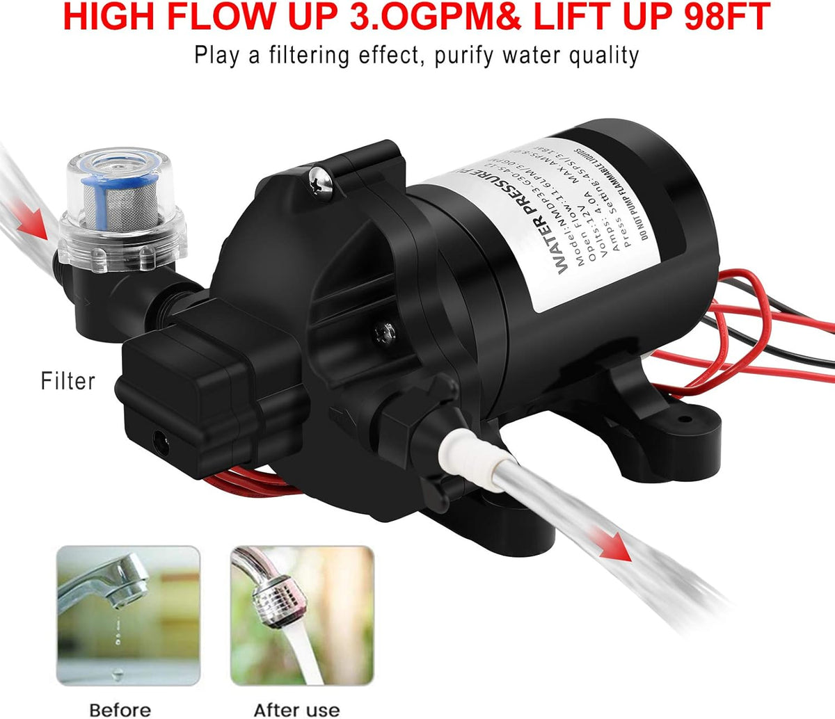 12v 3.0 GPM 45 PSI Water Diaphragm Pump with Water Filter E7229