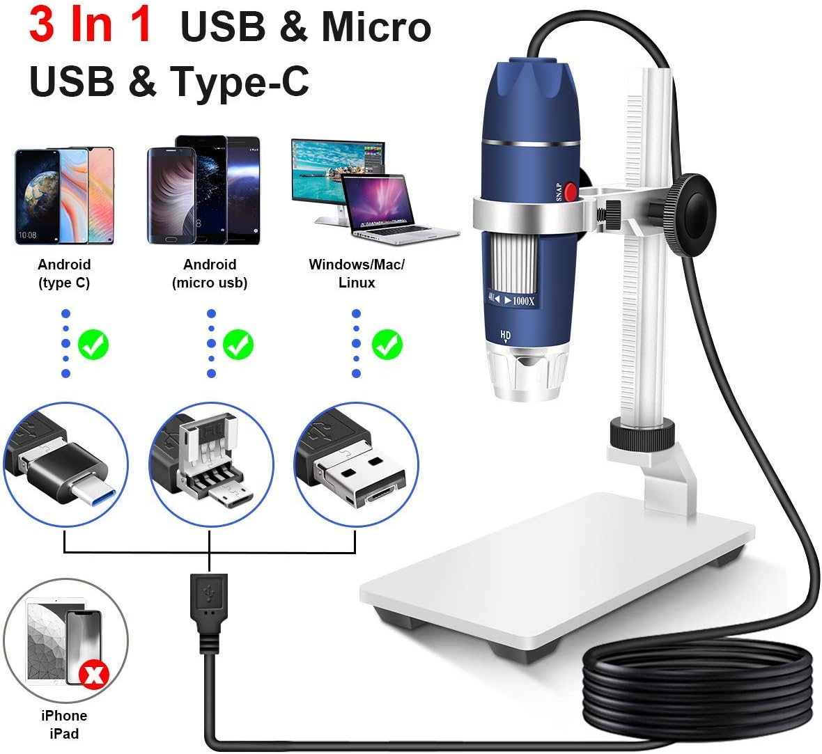 2MP USB Digital Microscope 40-1000X with 8 LEDs Aluminum Alloy Stand J849450
