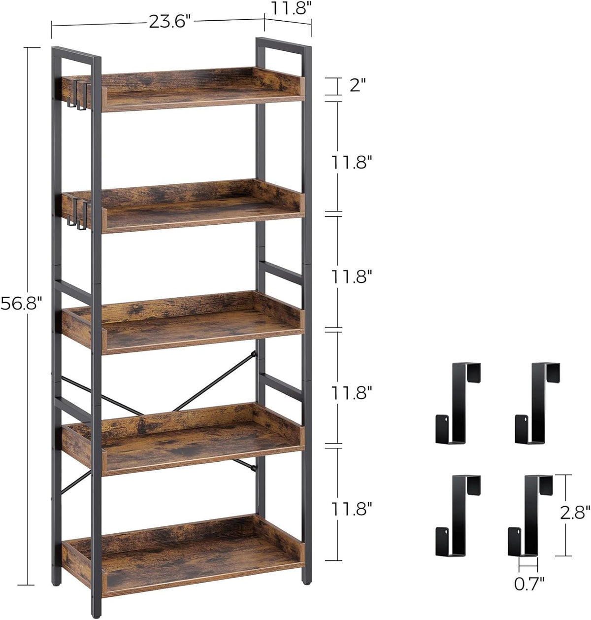 5 Tier Wood Bookshelf with 4 Hooks W739