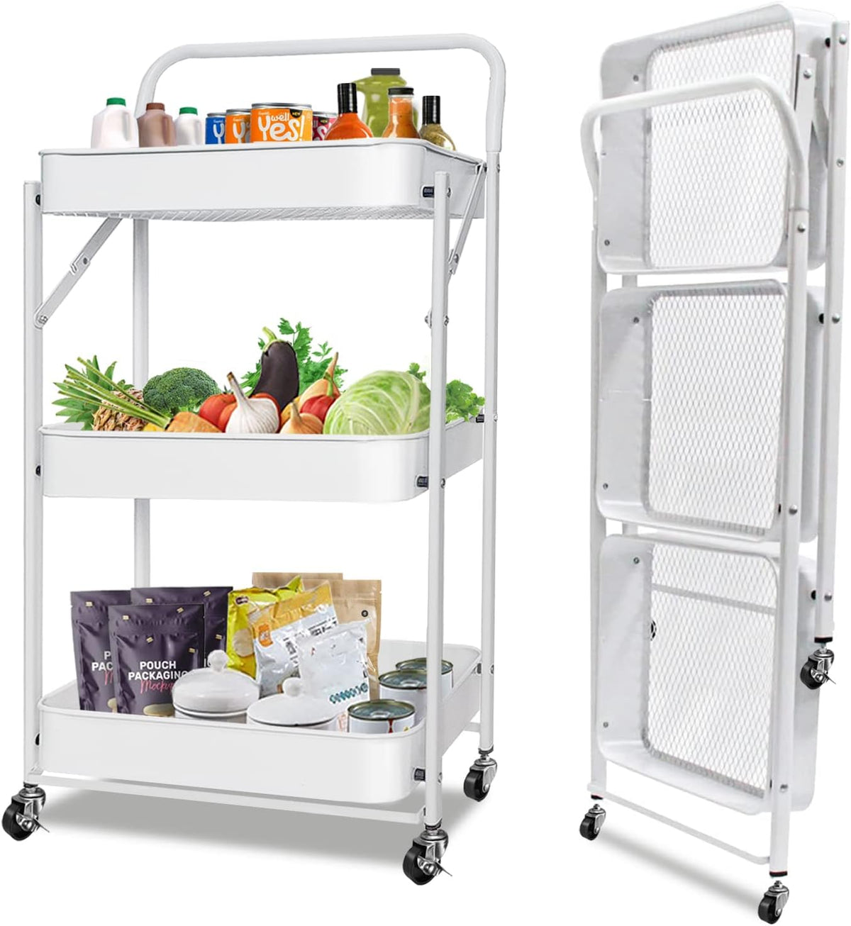 3-Tier Collapsible Rolling Utility Cart with Lockable Casters J523856