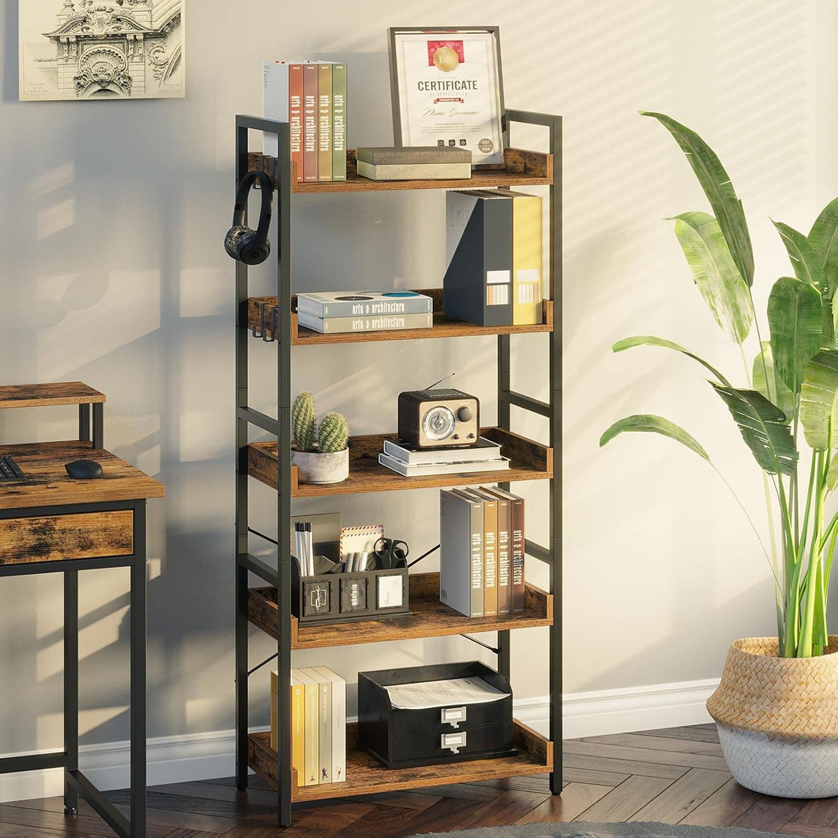 5 Tier Wood Bookshelf with 4 Hooks W739