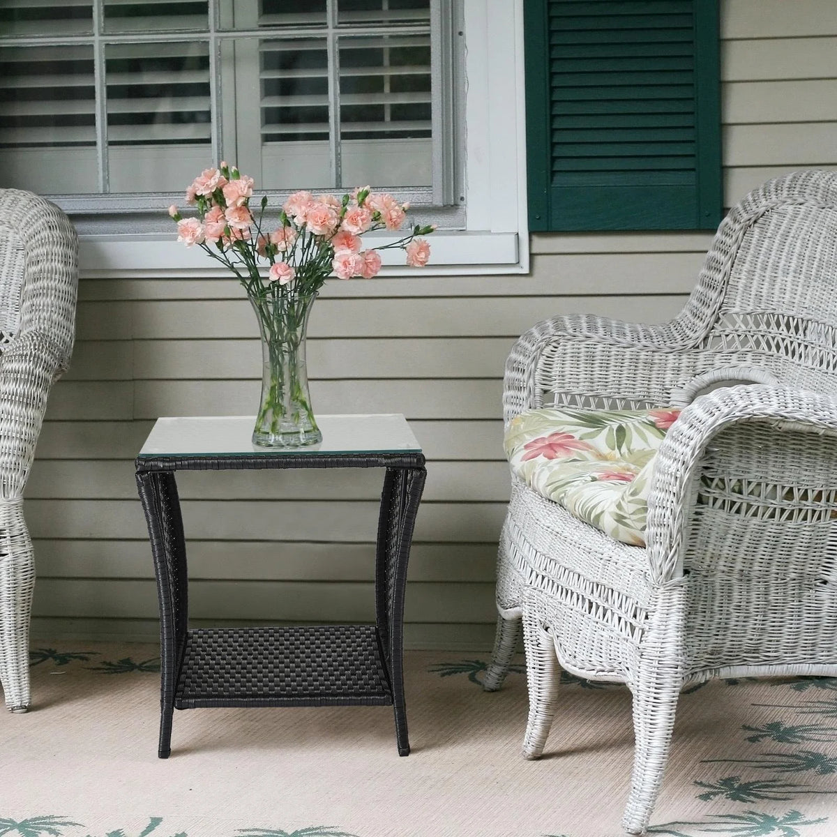 Black Wicker Side Table with Storage Shelf U88737