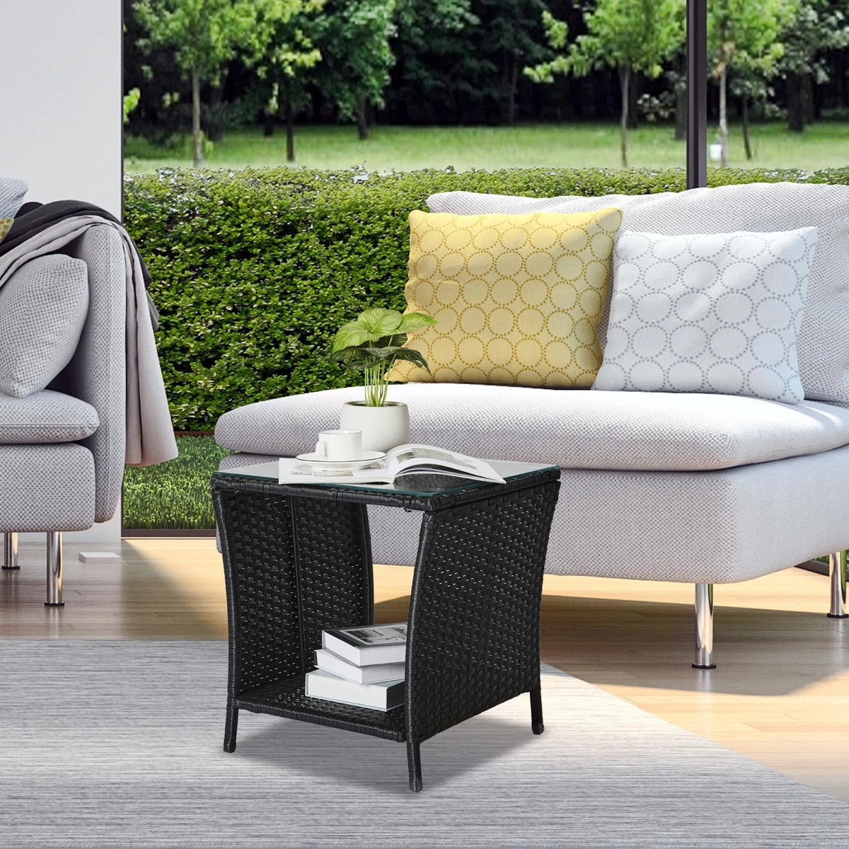 Black Wicker Side Table with Storage Shelf U88737