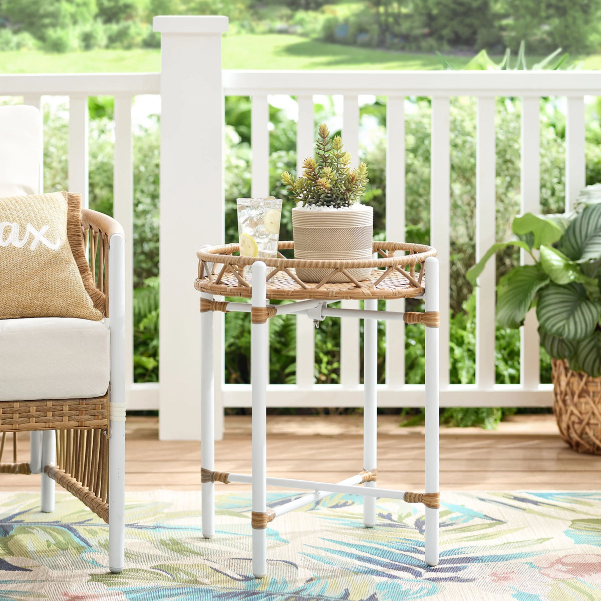 White Woven Top Round Side Table P456