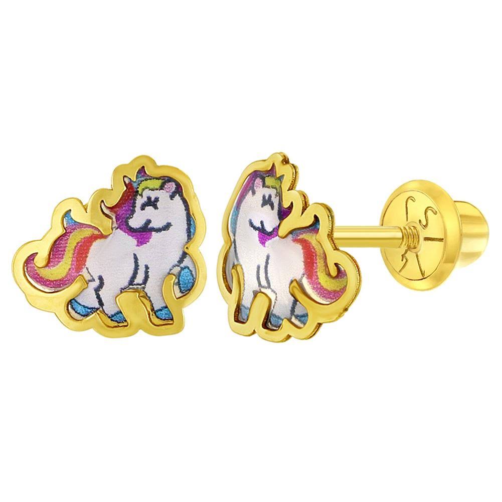 14K Yellow Gold Hand Painted Rainbow Enamel Unicorn Screw Back Earring C824900