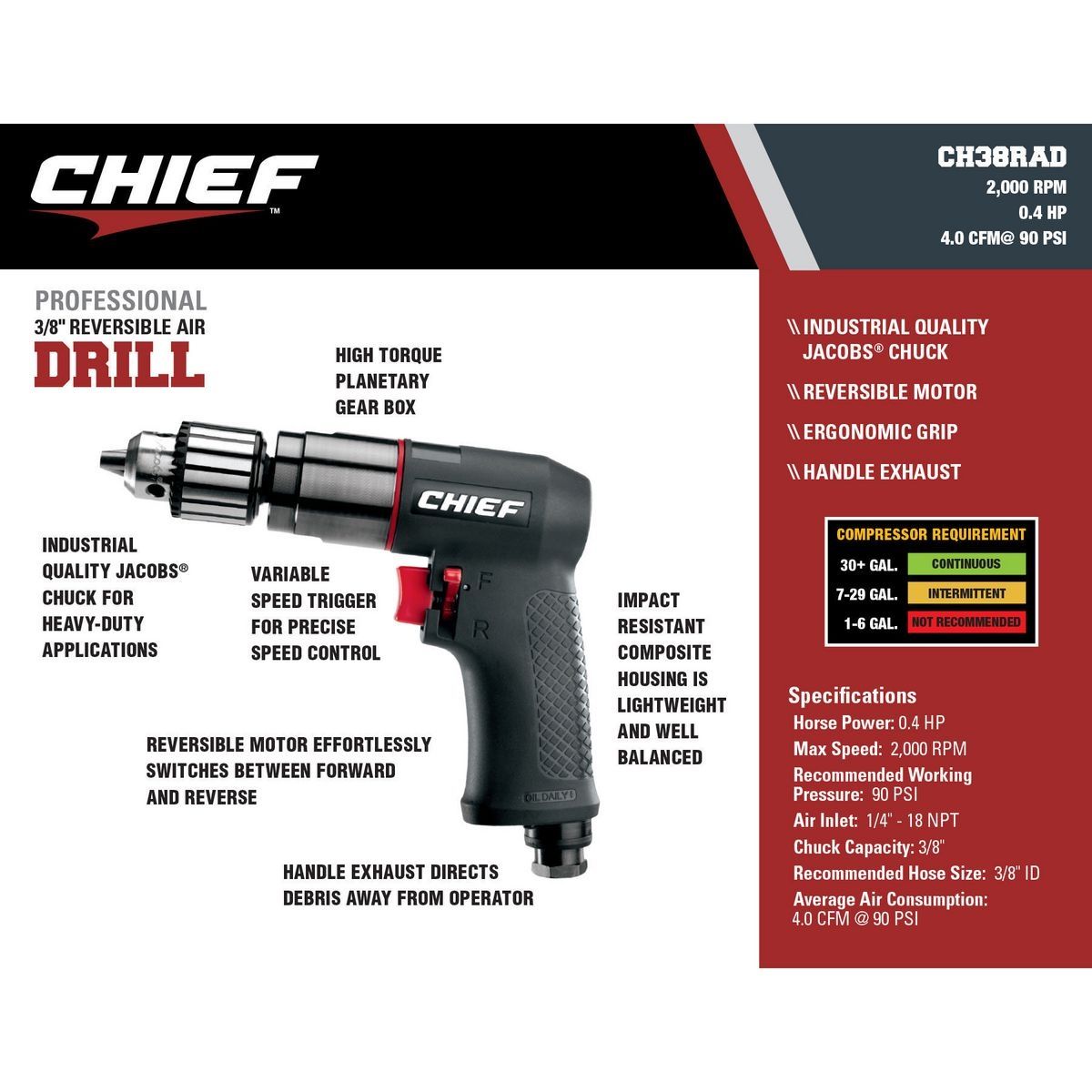 3/8 in. Reversible Air Drill D274
