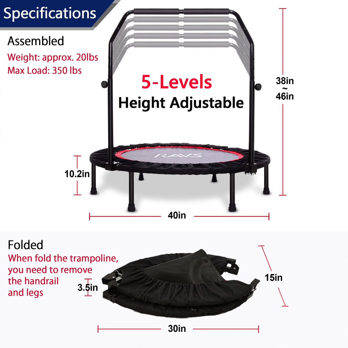 40'' Black Foldable Mini Trampoline Rebounder C4330