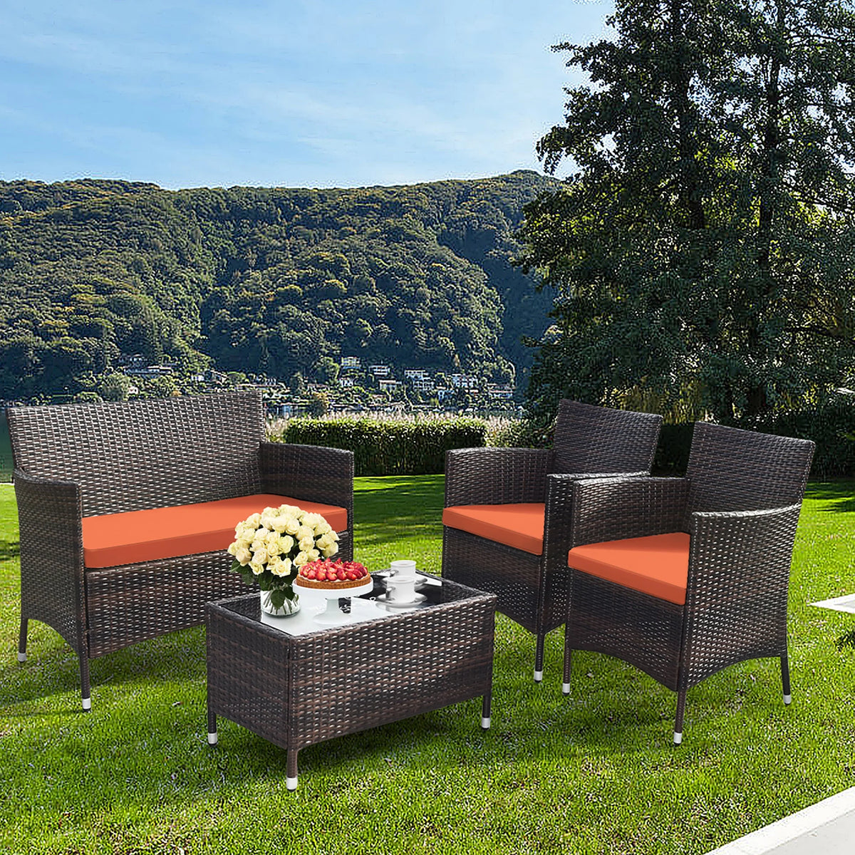 4 Pc Patio Rattan Conversation Furniture Set with Orange Cushion C949858