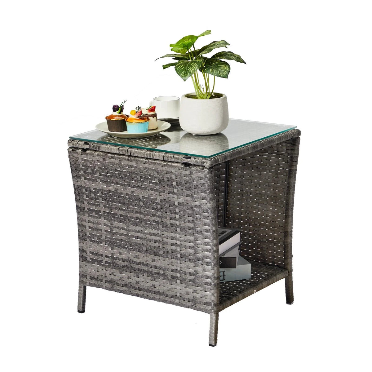 Black Wicker Side Table with Storage Shelf U88737